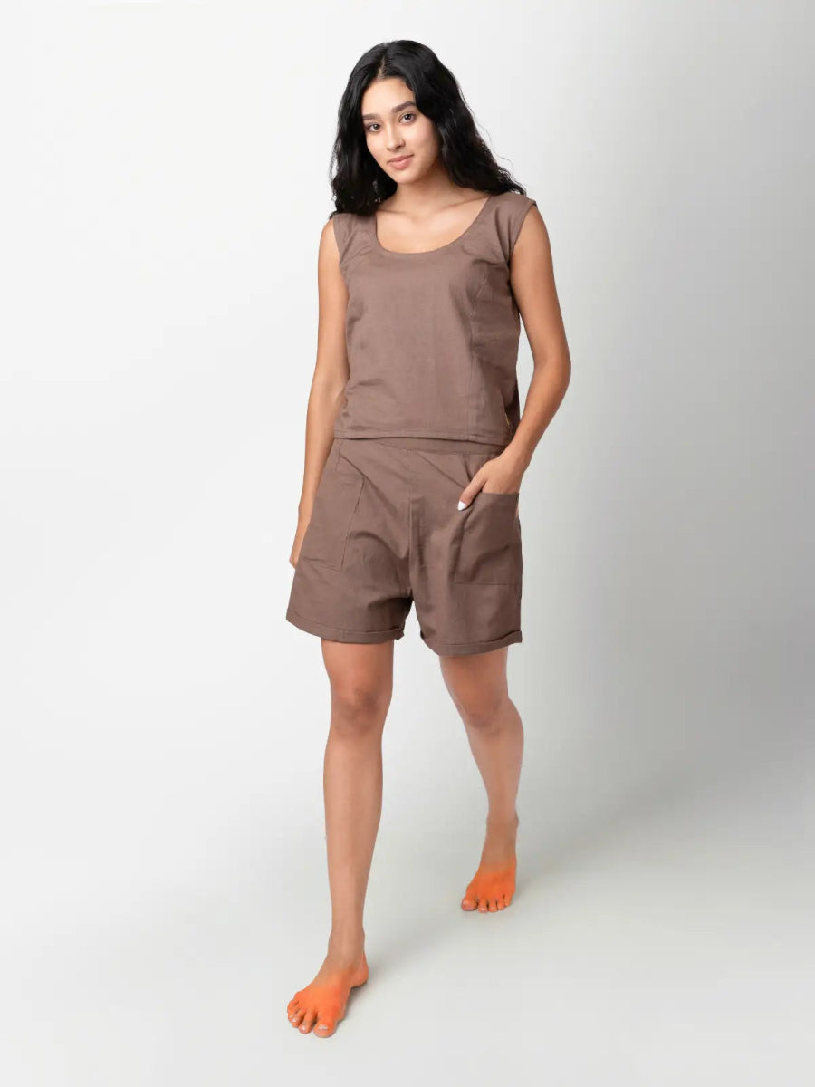 Dora – Organic Cotton Linen Everyday Shorts – Womens Shorts by Phuhar's available on Brown Living™. Brown Xs. SKU: pH0861. Img 10.