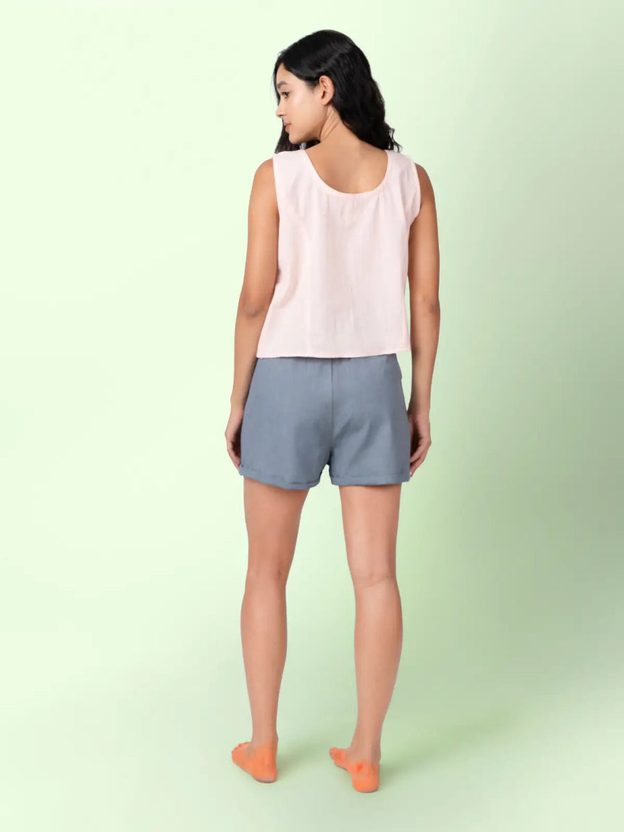 Dora – Organic Cotton Linen Everyday Shorts – Womens Shorts by Phuhar's available on Brown Living™. Grey Xs. SKU: pH0811. Img 3.