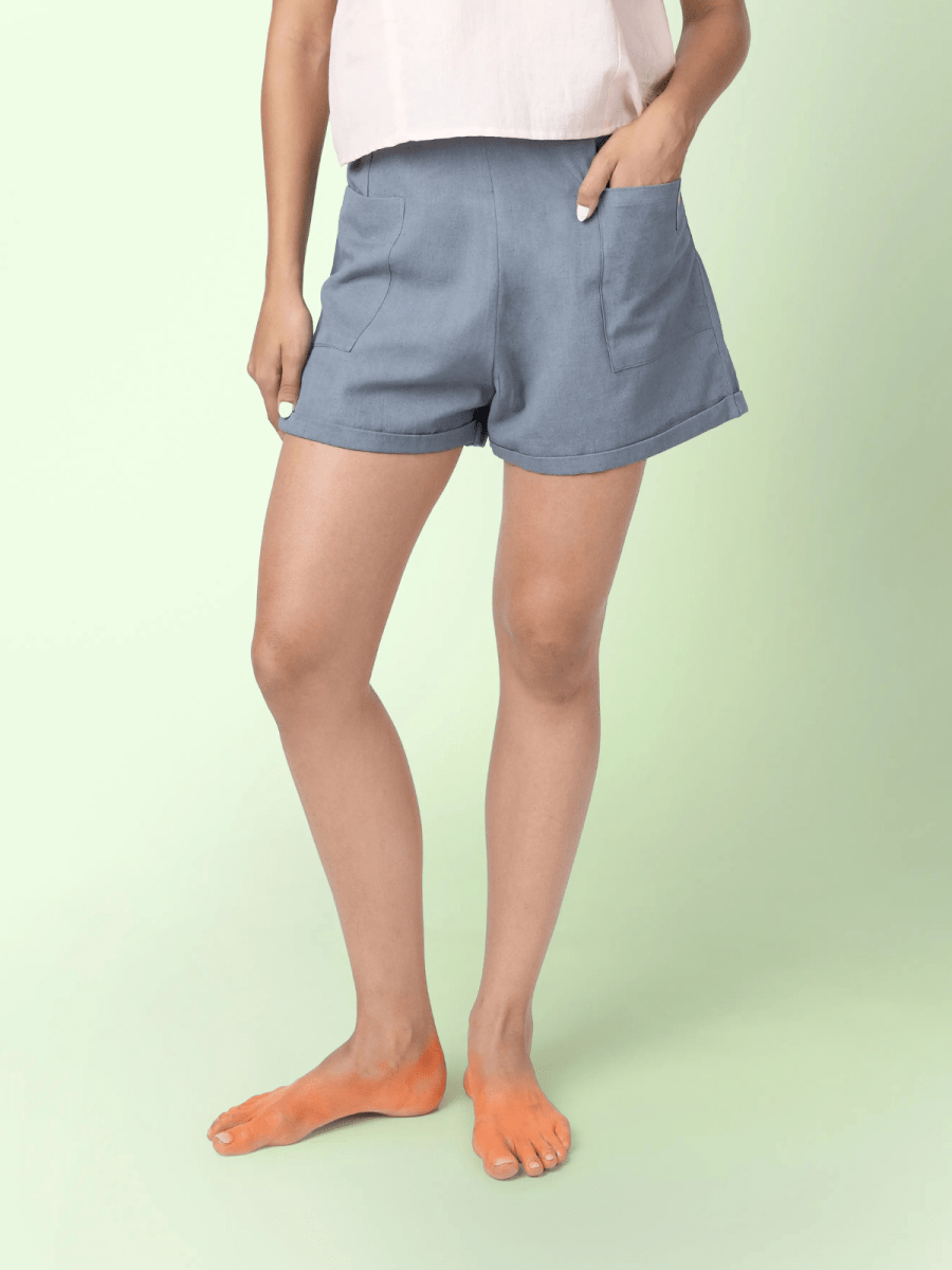 Dora – Organic Cotton Linen Everyday Shorts – Womens Shorts by Phuhar's available on Brown Living™. Grey Xs. SKU: pH0811. Img 1.