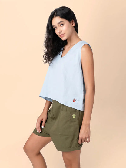Dora – Organic Cotton Linen Everyday Shorts – Womens Shorts by Phuhar's available on Brown Living™. Olive Xs. SKU: pH0911. Img 6.