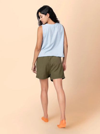 Dora – Organic Cotton Linen Everyday Shorts – Womens Shorts by Phuhar's available on Brown Living™. Olive Xs. SKU: pH0911. Img 8.