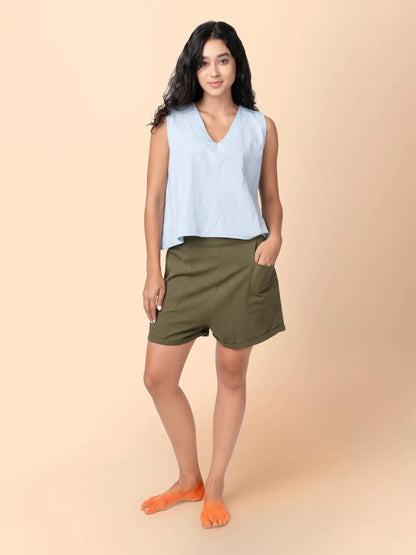 Dora – Organic Cotton Linen Everyday Shorts – Womens Shorts by Phuhar's available on Brown Living™. Olive Xs. SKU: pH0911. Img 7.