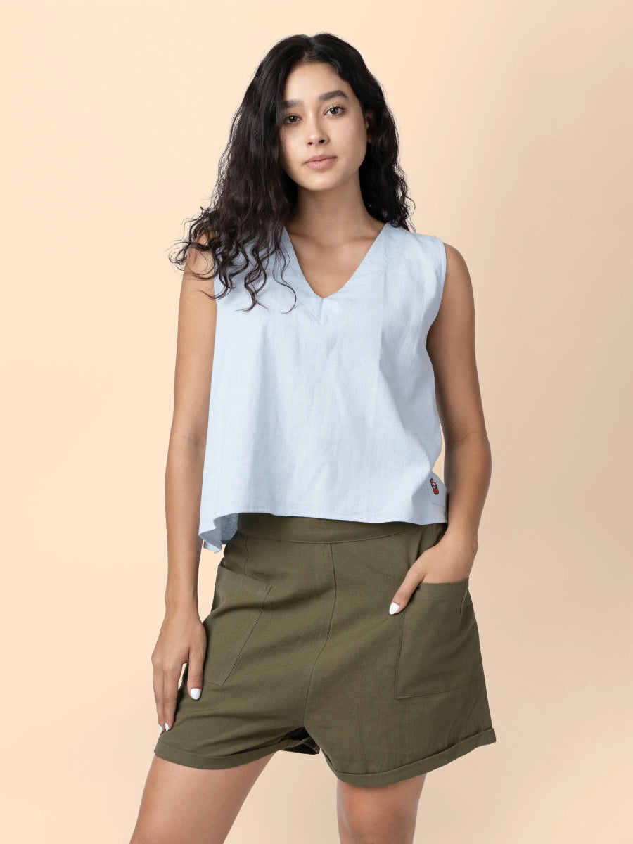 Dora – Organic Cotton Linen Everyday Shorts – Womens Shorts by Phuhar's available on Brown Living™. Olive Xs. SKU: pH0911. Img 5.
