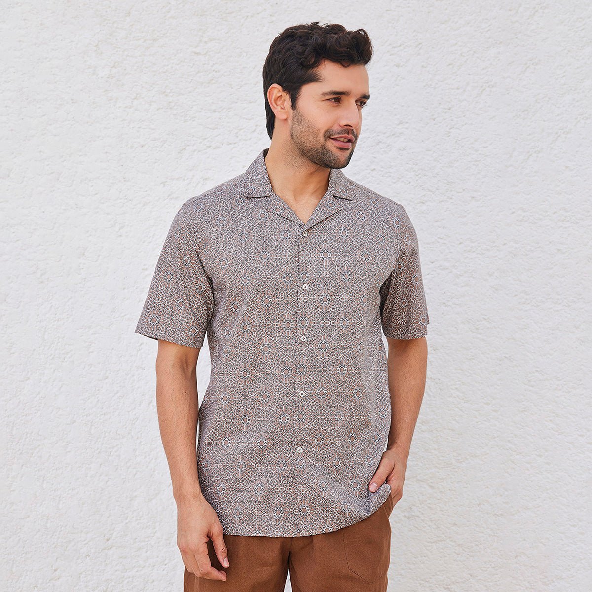 Doran - Brown Printed Cuban Collar Half Sleeves Shirt | Verified Sustainable by Brown Living™