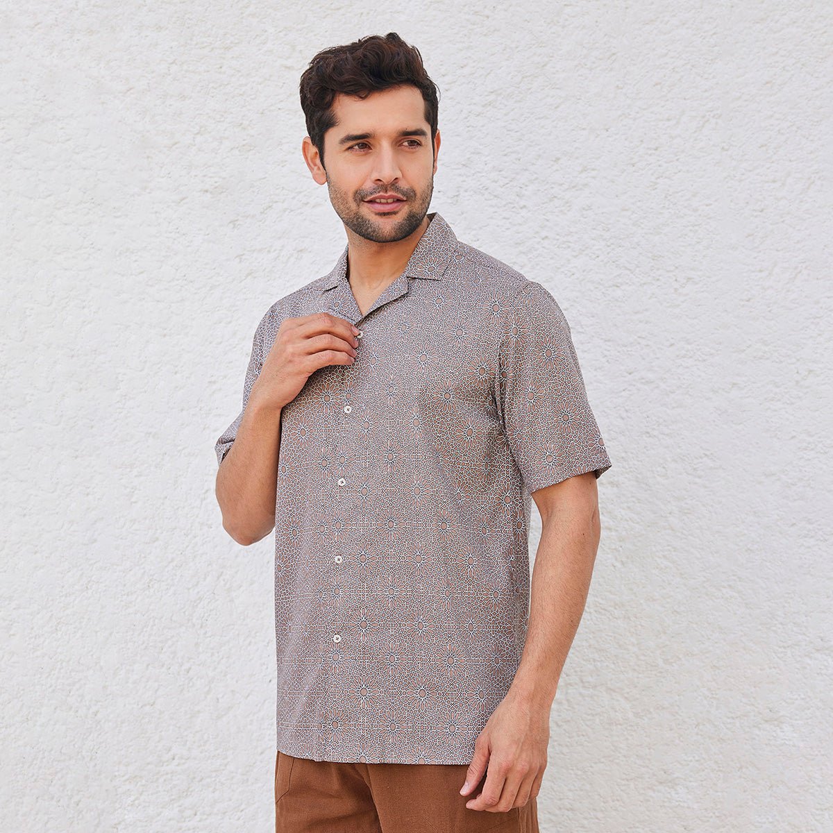 Doran - Brown Printed Cuban Collar Half Sleeves Shirt | Verified Sustainable by Brown Living™