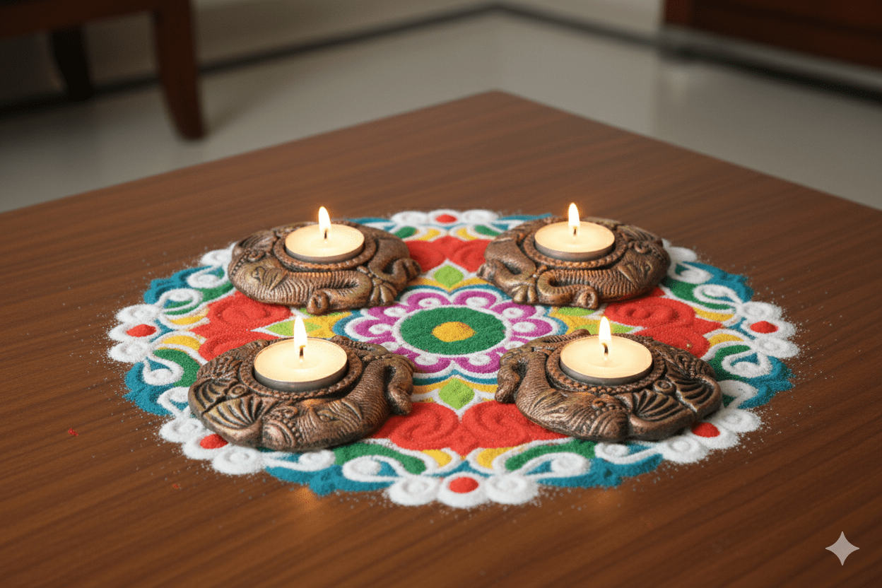 Double Elephant Face T Light Set Of 4 - Diwali Decoration – Home Decor on Brown Living™. SKU: D57. Img 2.