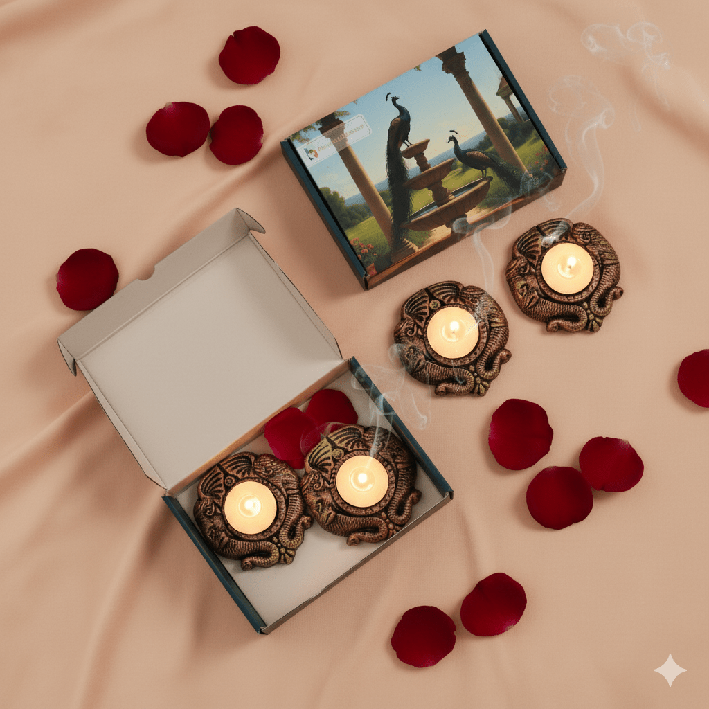 Double Elephant Face T Light Set Of 4 - Diwali Decoration – Home Decor on Brown Living™. SKU: D57. Img 4.