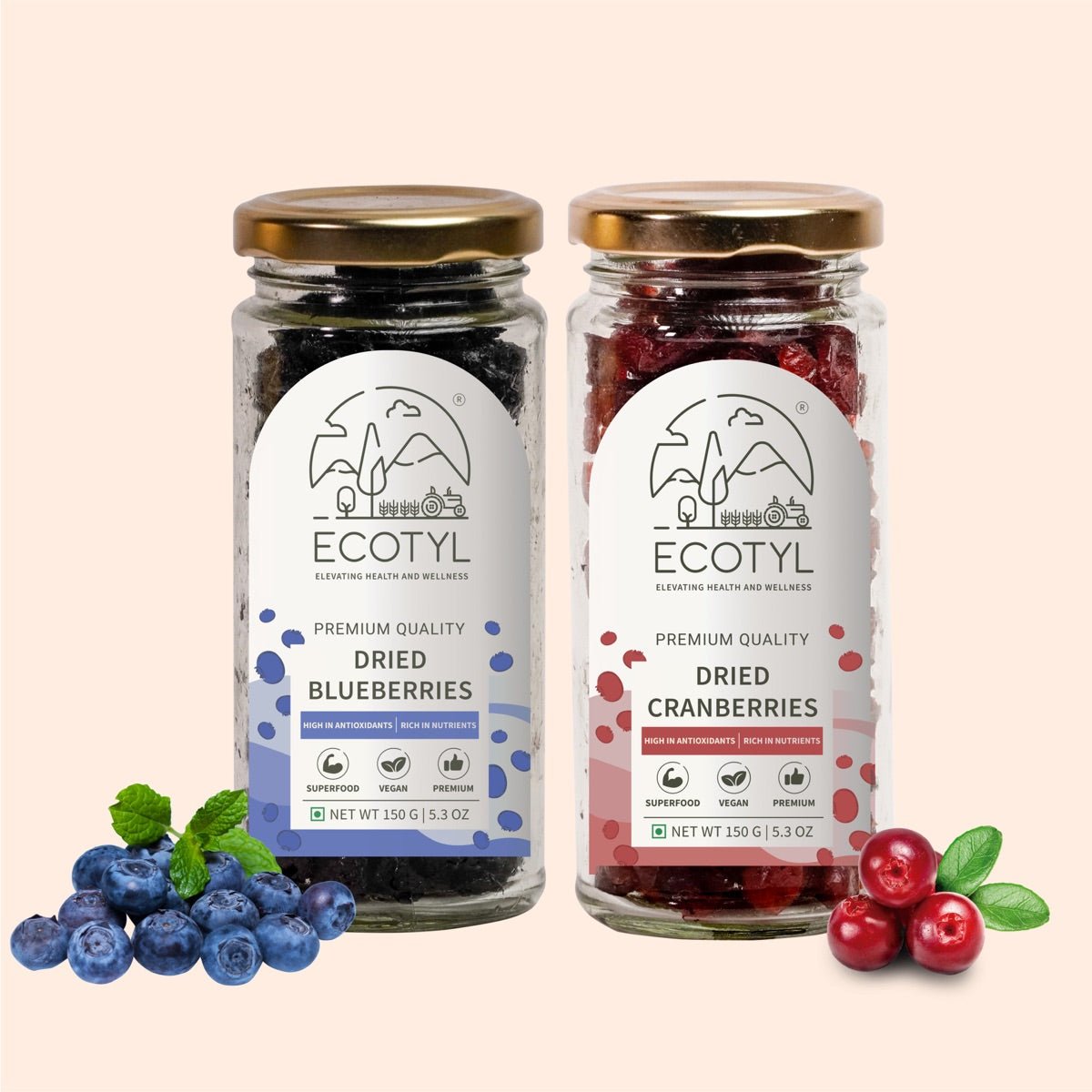 Dried Blueberres & Dried Cranberries Combo - 150g Each | Verified Sustainable by Brown Living™