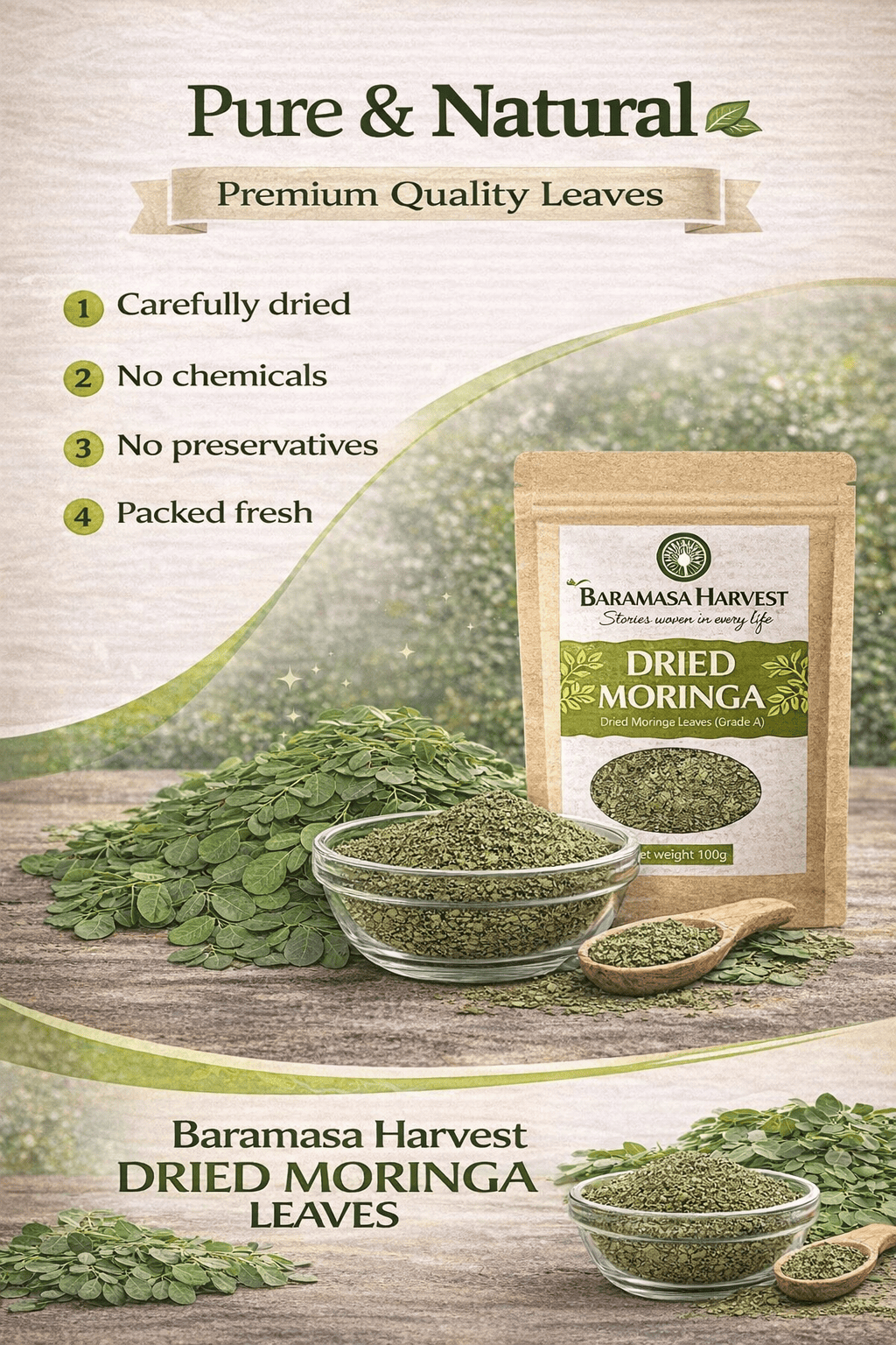 Dried Moringa Leaves | Natural Herbal Tea & Culinary Ingredient – Tea on Brown Living™. SKU: BH-MOR-100G. Img 4.