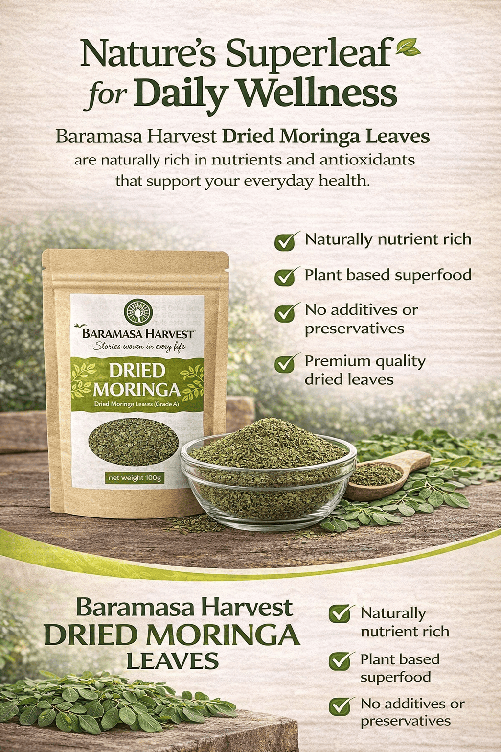 Dried Moringa Leaves | Natural Herbal Tea & Culinary Ingredient – Tea on Brown Living™. SKU: BH-MOR-100G. Img 7.