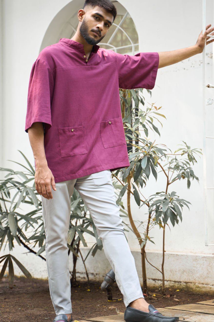 Dropped Shoulder Mandarin Collar Cotton Shirt | Verified Sustainable by Brown Living™