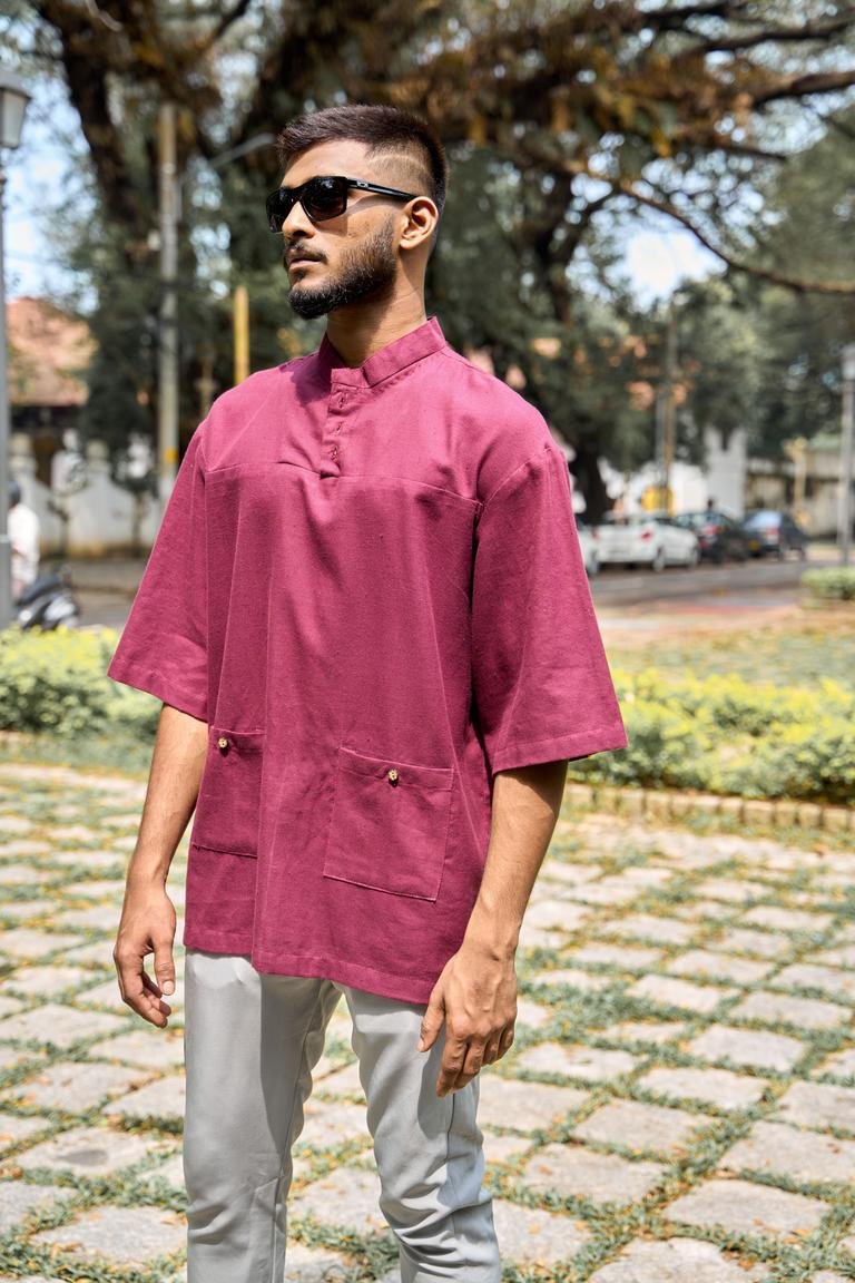 Dropped Shoulder Mandarin Collar Cotton Shirt | Verified Sustainable Mens Shirt on Brown Living™