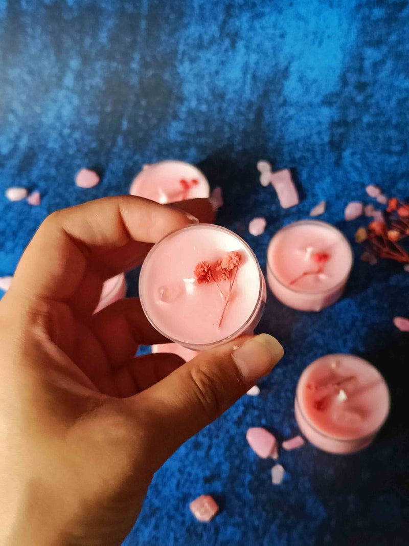 Dry flowers & Crystal Tealight- Set of 6 (Rose Quartz) | Verified Sustainable Candles & Fragrances on Brown Living™