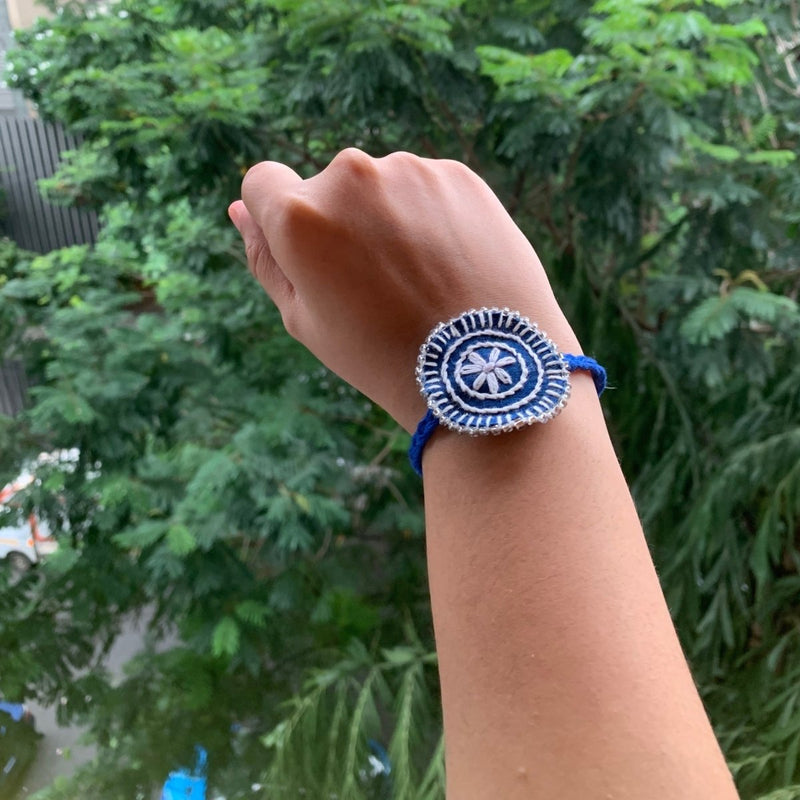 Dual Avtar Hand - embroidered Rakhi - Blue and White| Reusable | Verified Sustainable by Brown Living™