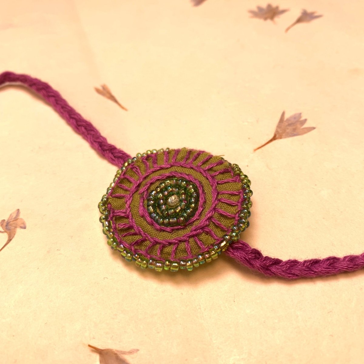 Dual Avtar Hand Embroidered Rakhi - Olive & Purple | Reusable Rakhi | Verified Sustainable by Brown Living™