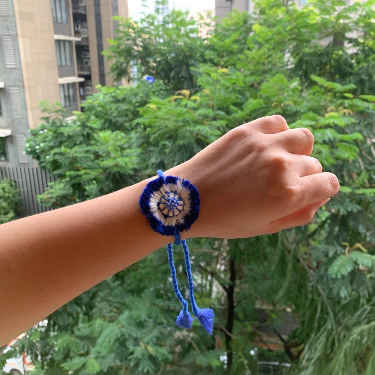 Dual Avtar Ikat Rakhi - Blue White | Reusable Ikat Rakhi | Verified Sustainable by Brown Living™