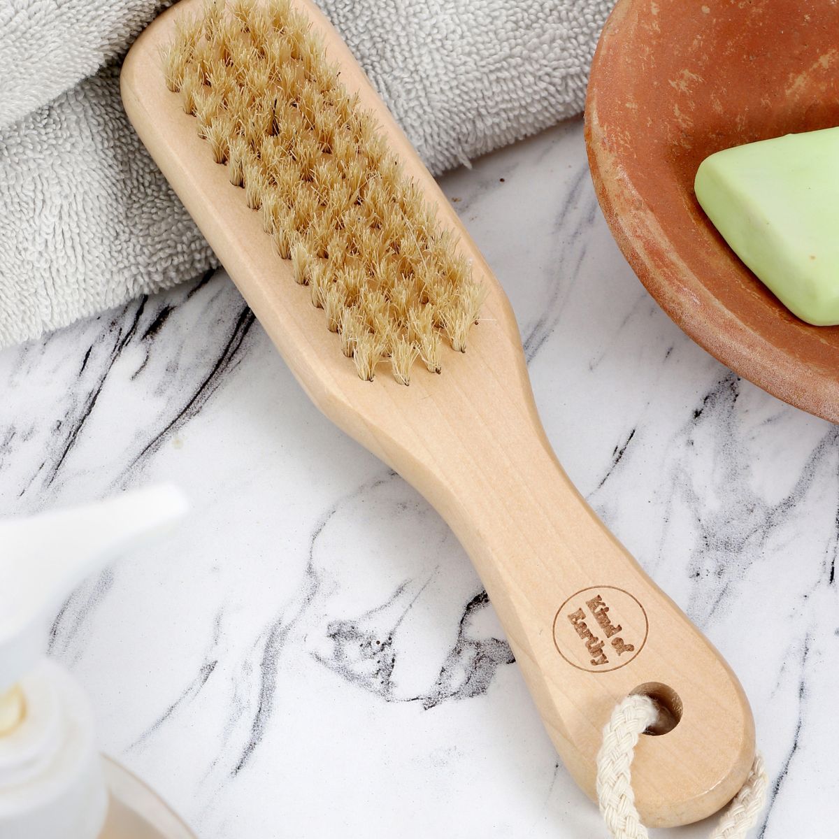 Dual - Side Wooden Foot Brush with Natural Pumice Stone | Scrub & Brush – Foot Care on Brown Living™. SKU: KOE020-DPS. Img 1.