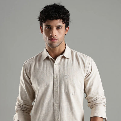 Dune Shirt in Hemp – Sustainable Oatmeal Shade – Mens Shirt on Brown Living™. SKU: HP - OM - F - S. Img 1.