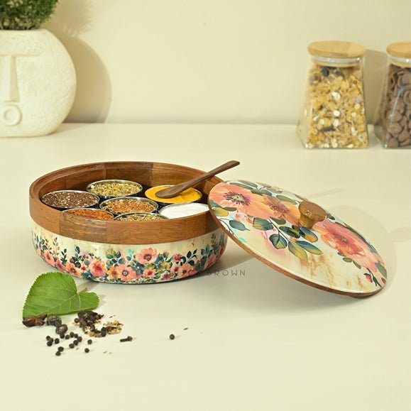 Durable Pastel Flora Wooden Spice Box with Wooden Spoon | Verified Sustainable by Brown Living™