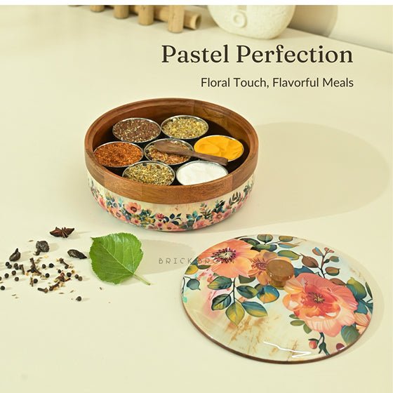 Durable Pastel Flora Wooden Spice Box with Wooden Spoon | Verified Sustainable by Brown Living™