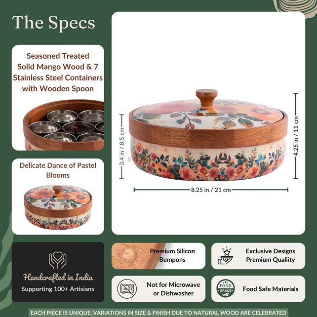 Durable Pastel Flora Wooden Spice Box with Wooden Spoon | Verified Sustainable Kitchen Organizers on Brown Living™