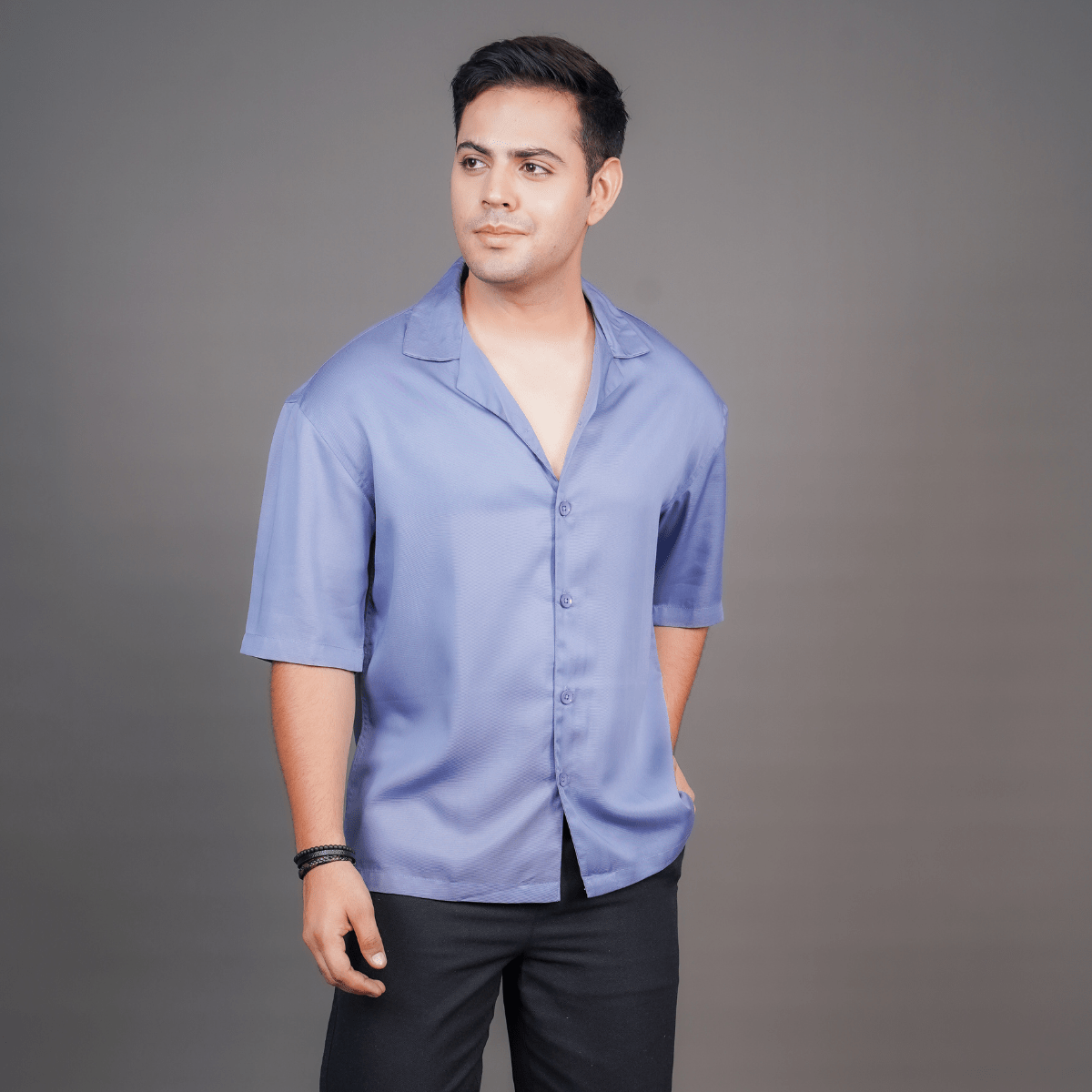 Dusty Blue Tencel Cuban Collar Shirt | Relaxed Fit – Men Shirt on Brown Living™. SKU: DS1053_S. Img 1.