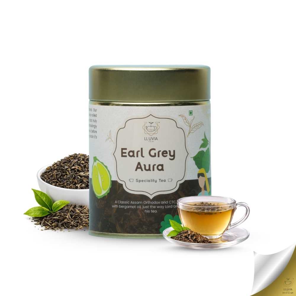 Earl Grey Aura Tea – English Breakfast Bergamot, Aids Metabolism – 50g – Tea on Brown Living™. SKU: OTTin50New. Img 1.