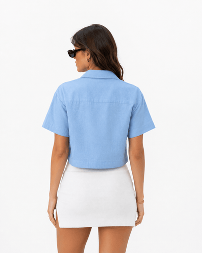 Earth Crop Shirt | Cotton Casual Top for Women – Womens Shirt on Brown Living™. SKU: W-CROP-BLU-L1. Img 9.