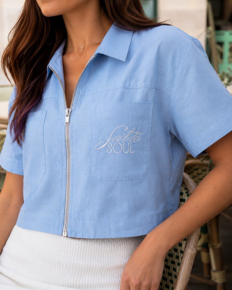 Earth Crop Shirt | Cotton Casual Top for Women – Womens Shirt on Brown Living™. SKU: W-CROP-BLU-S1. Img 1.