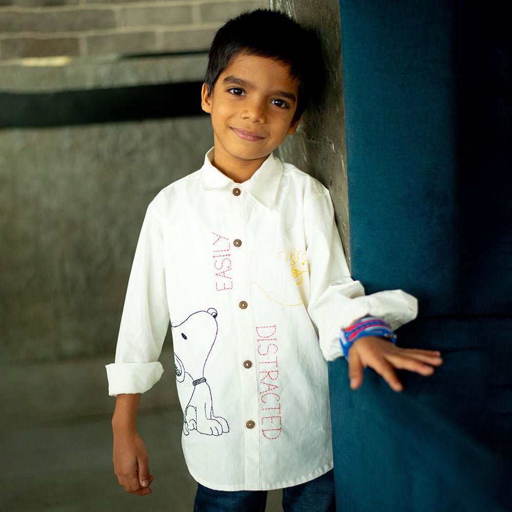 Easily Distracted Dog Embroidered Organic Cotton Shirt - White – Kids Shirts on Brown Living™. SKU: NANFS001EMB045 - 18M. Img 2.