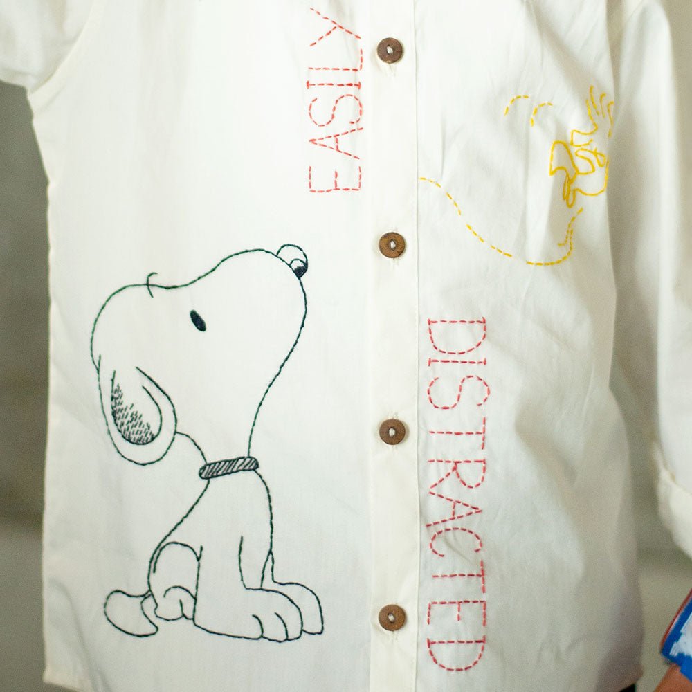 Easily Distracted Dog Embroidered Organic Cotton Shirt - White – Kids Shirts on Brown Living™. SKU: NANFS001EMB045 - 18M. Img 4.