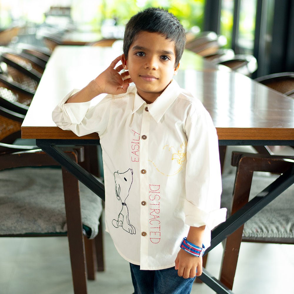 Easily Distracted Dog Embroidered Organic Cotton Shirt - White – Kids Shirts on Brown Living™. SKU: NANFS001EMB045 - 18M. Img 3.