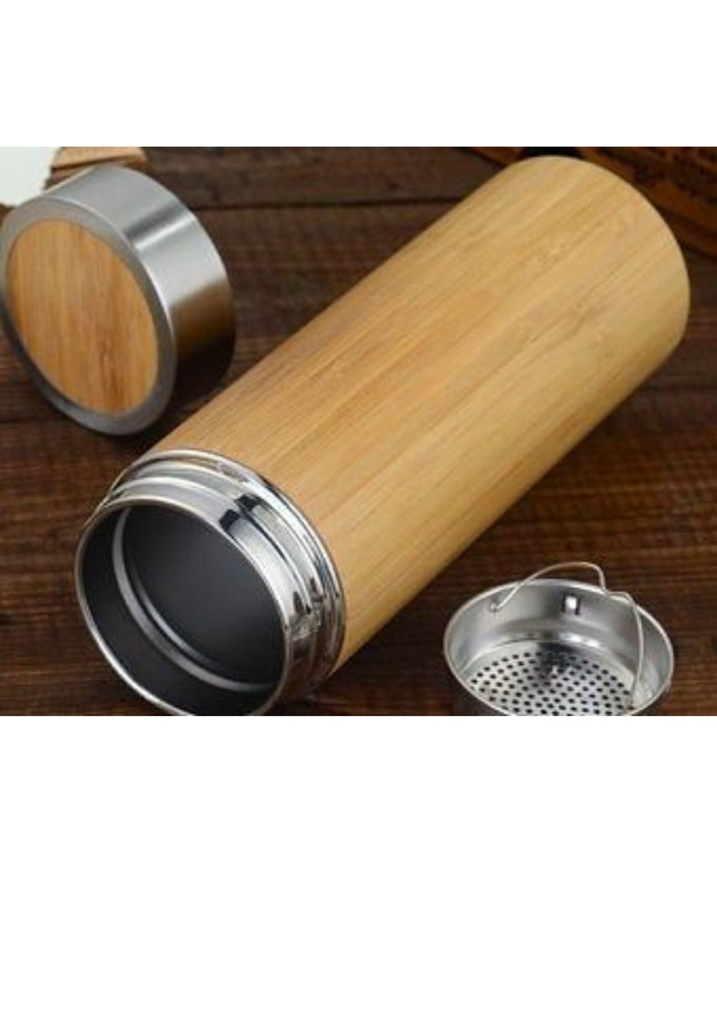 Eco - Friendly Bamboo Water Bottle/Thermos with Tea Strainer – Bottles & Sippers on Brown Living™. SKU: bamboobottle. Img 4.