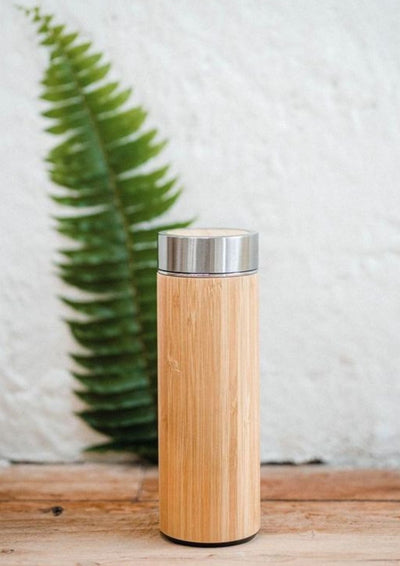 Eco - Friendly Bamboo Water Bottle/Thermos with Tea Strainer – Bottles & Sippers on Brown Living™. SKU: bamboobottle. Img 1.