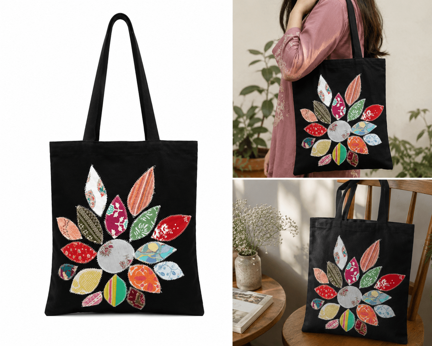 Eco - Friendly Black Applique Tote Bag (Floral) | Handmade, Spacious. – Tote Bag on Brown Living™. SKU: 17091026055. Img 5.