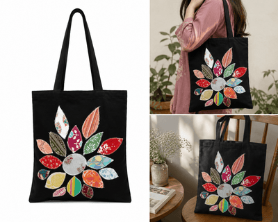 Eco - Friendly Black Applique Tote Bag (Floral) | Handmade, Spacious. – Tote Bag on Brown Living™. SKU: 17091026055. Img 5.