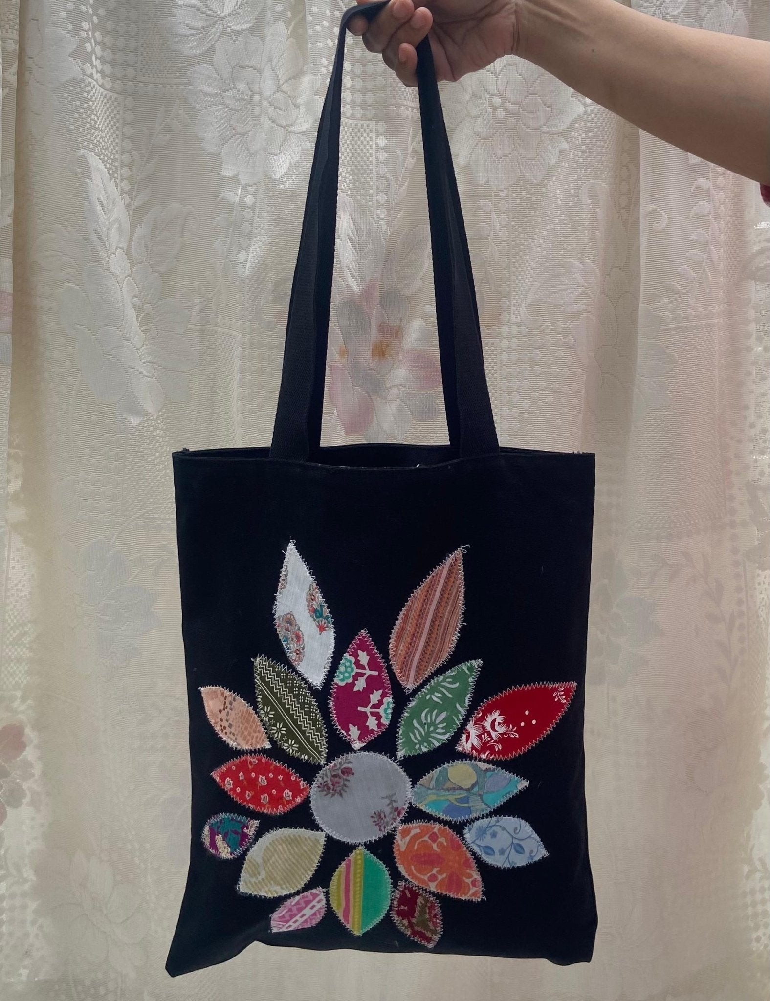Eco - Friendly Black Applique Tote Bag (Floral) | Handmade, Spacious. – Tote Bag by Aftertaste available on Brown Living™. . SKU: 17091026055. Img 1.