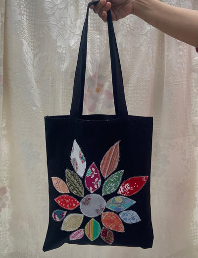 Eco - Friendly Black Applique Tote Bag (Floral) | Handmade, Spacious. – Tote Bag on Brown Living™. SKU: 17091026055. Img 1.
