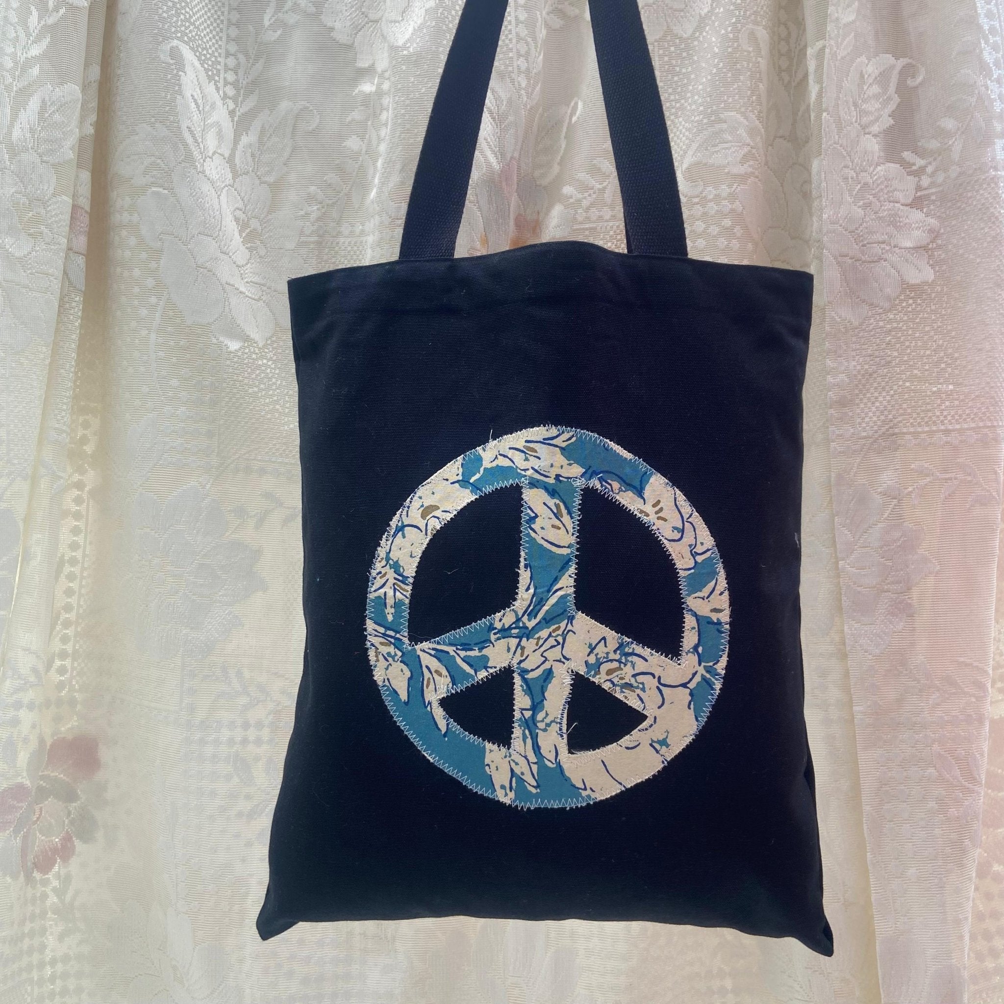 Eco - Friendly Black Applique Tote Bag (Peace) | Handmade, Spacious – Tote Bag by Aftertaste available on Brown Living™. . SKU: 17091026204. Img 1.