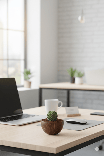 Eco - Friendly Desk Plant Setup | Coconut Shell Planter – Indoor Plants on Brown Living™. SKU: KOTT023. Img 1.