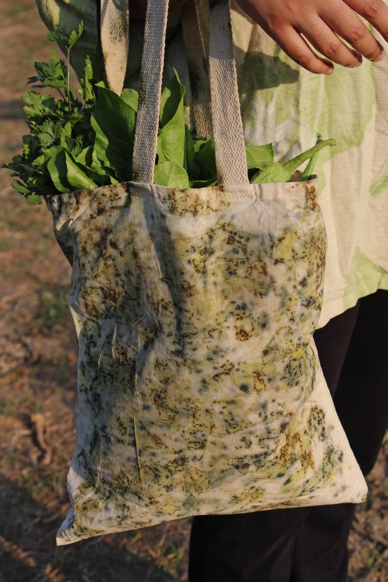 Eco Printed Packaging Bag - Mustard, Green & White | Verified Sustainable Tote Bag on Brown Living™