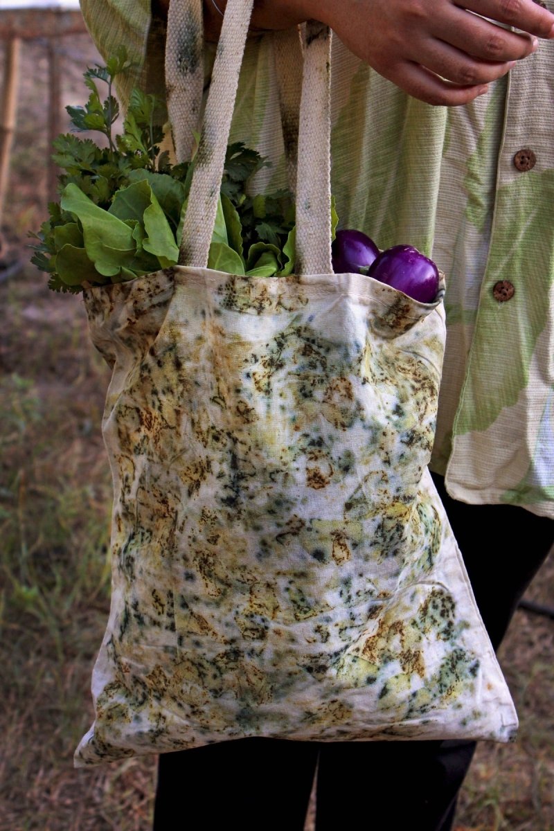 Eco Printed Packaging Bag - Mustard, Green & White | Verified Sustainable Tote Bag on Brown Living™