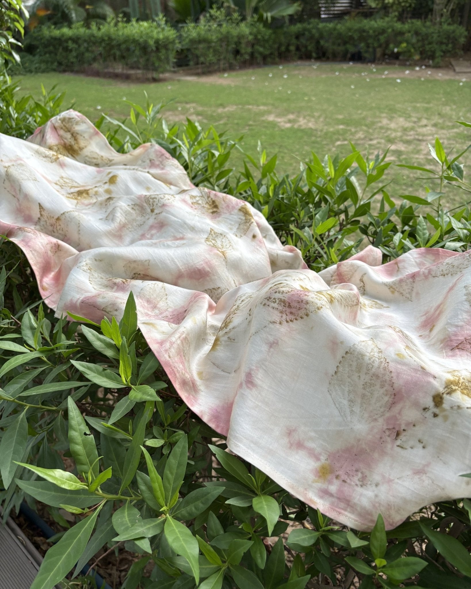 Eco - Printed Softly Rooted Scarf | Natural Botanical Dyed Cotton – Womens Scarf on Brown Living™. SKU: TCC-SW25-10. Img 5.