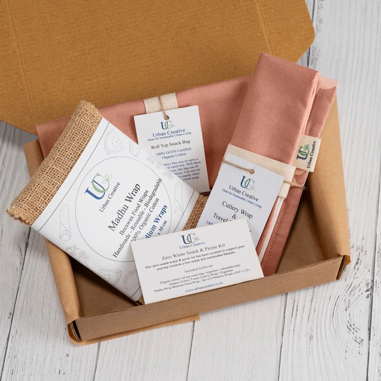 Eco Snack Bag Kit – Cotton Bag, Cutlery Wrap & Beeswax Wraps – Food Wraps on Brown Living™. SKU: ZWSBK-SB-CP-MW-CP. Img 1.