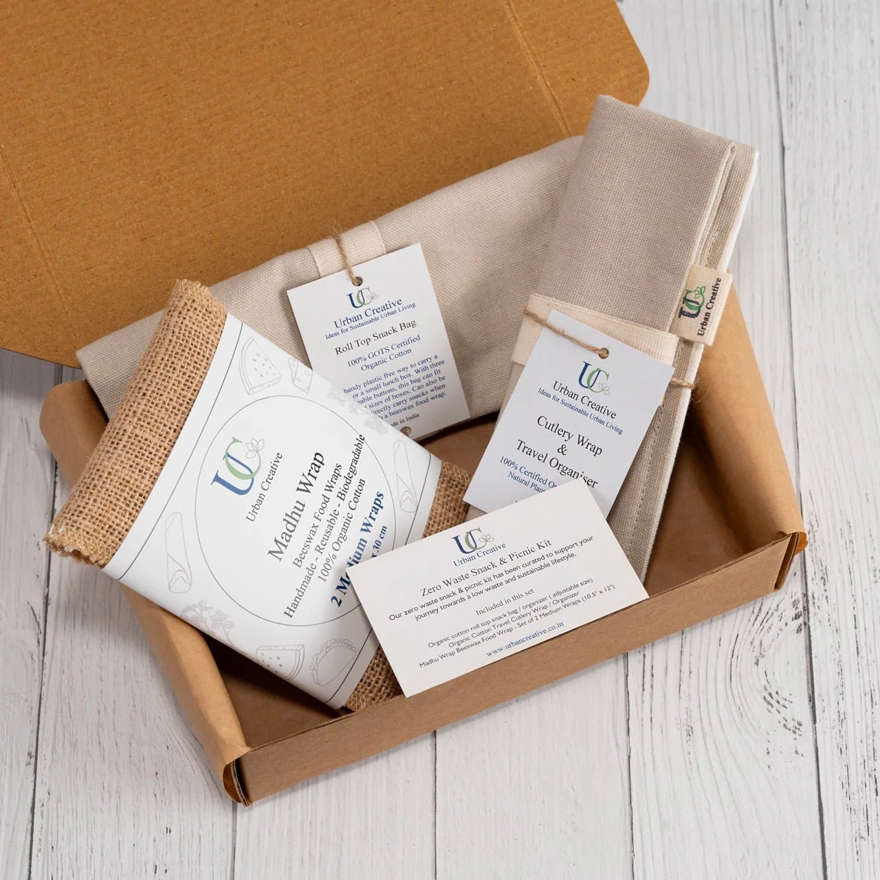 Eco Snack Bag Kit – Cotton Bag, Cutlery Wrap & Beeswax Wraps – Food Wraps on Brown Living™. SKU: ZWSBK-SB-CP-MW-OG. Img 11.