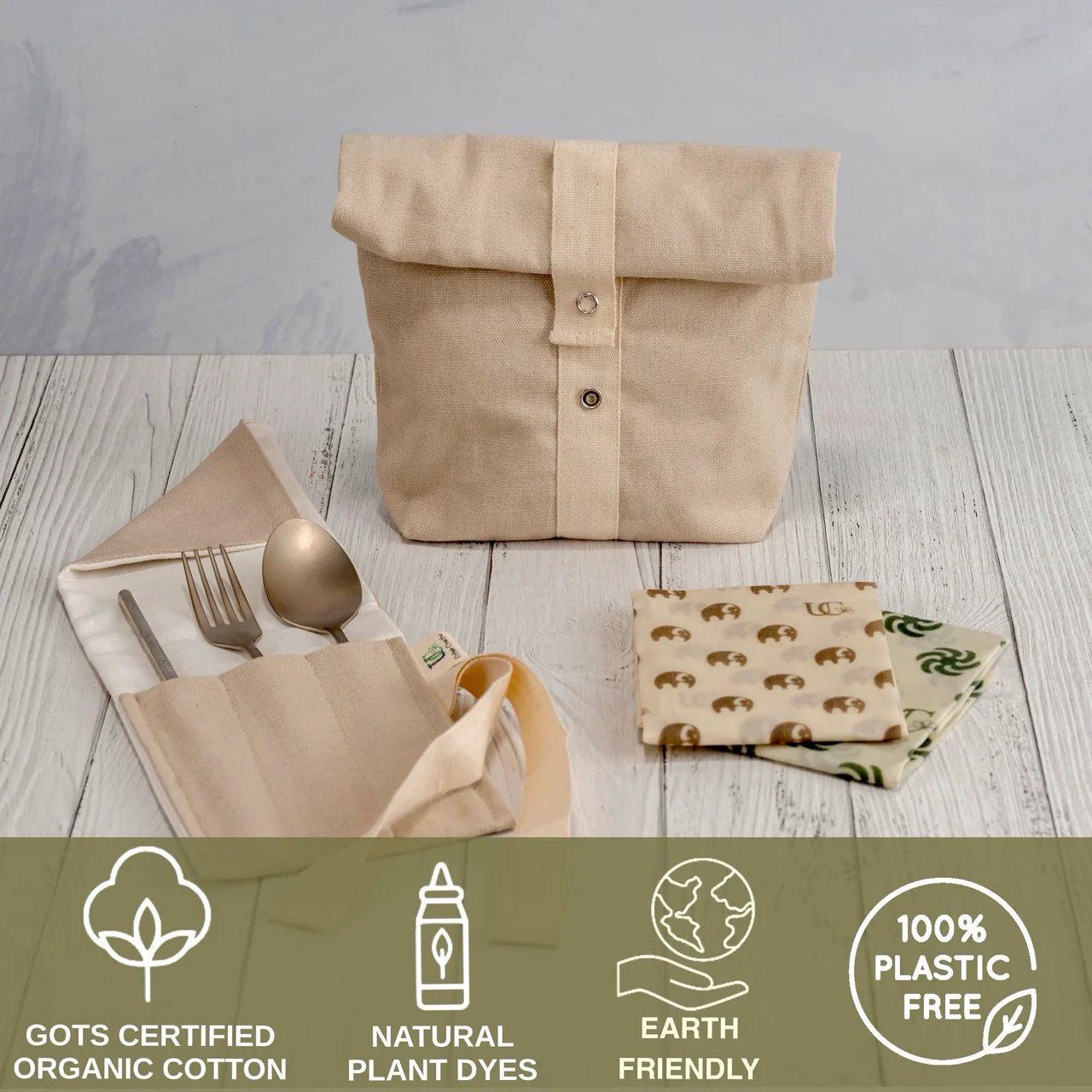 Eco Snack Bag Kit – Cotton Bag, Cutlery Wrap & Beeswax Wraps – Food Wraps on Brown Living™. SKU: ZWSBK-SB-CP-MW-OG. Img 6.