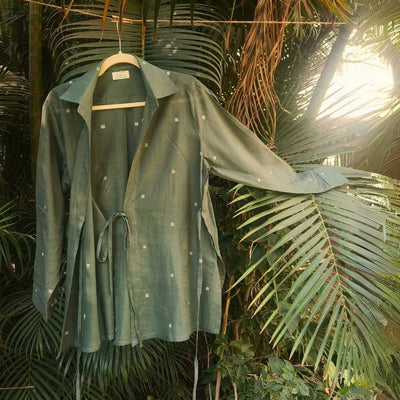 Eden Jamdani Cotton Wrap Shirt in Olive Green – Womens Shirt on Brown Living™. SKU: JDS6020-XS. Img 4.