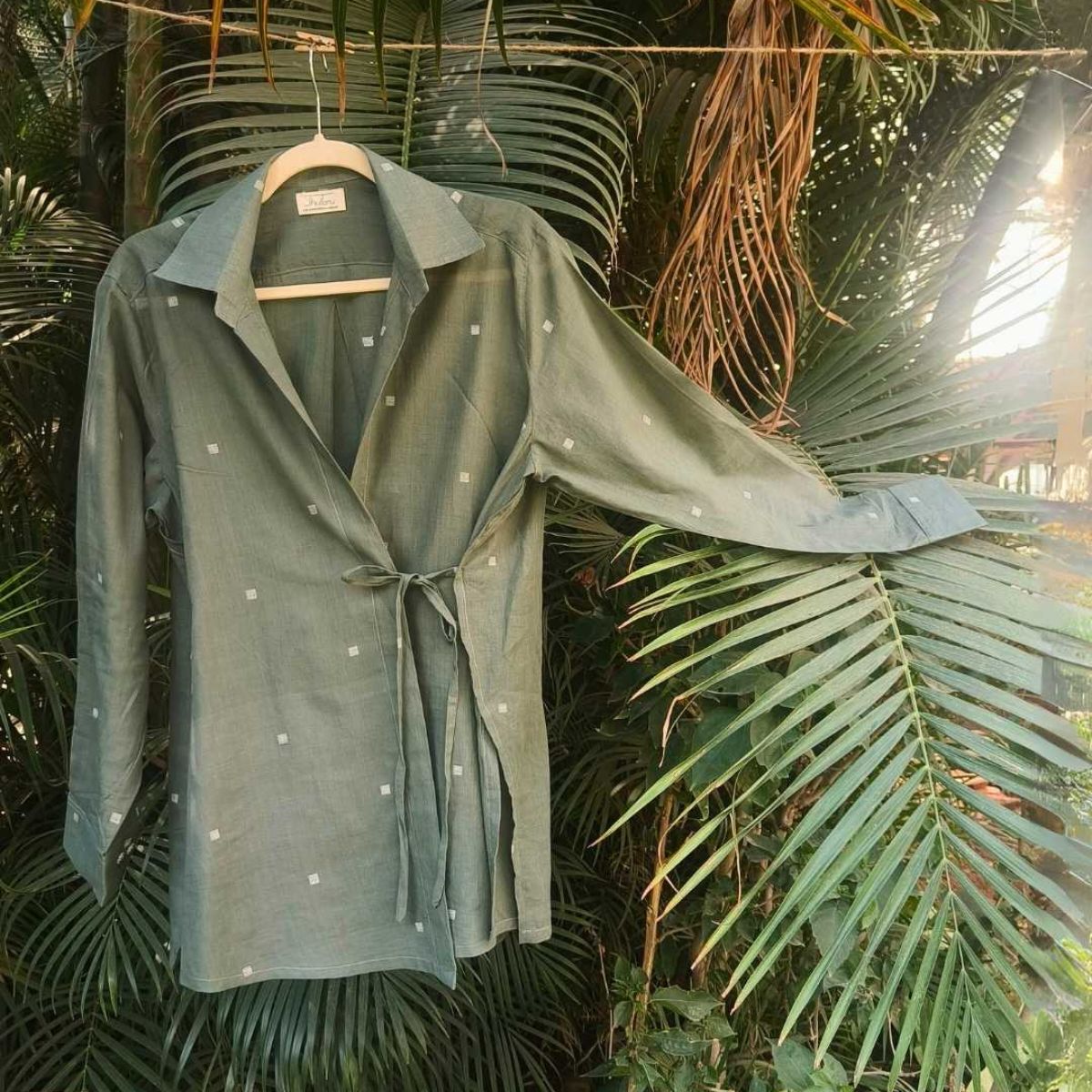 Eden Jamdani Cotton Wrap Shirt in Olive Green – Womens Shirt on Brown Living™. SKU: JDS6020-XS. Img 5.