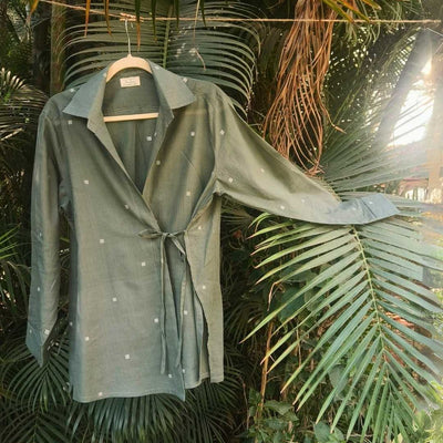 Eden Jamdani Cotton Wrap Shirt in Olive Green – Womens Shirt on Brown Living™. SKU: JDS6020-XS. Img 5.