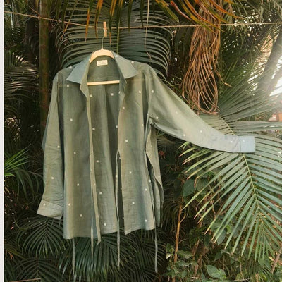 Eden Jamdani Cotton Wrap Shirt in Olive Green – Womens Shirt on Brown Living™. SKU: JDS6020-XS. Img 3.